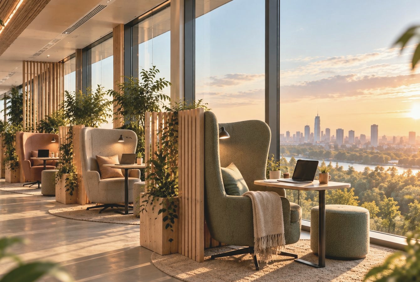 Biophile Arbeitslounge mit gepolsterten Rückzugssesseln, Holzlamellen, Pflanzen und weitem Blick über die Stadt im Abendlicht